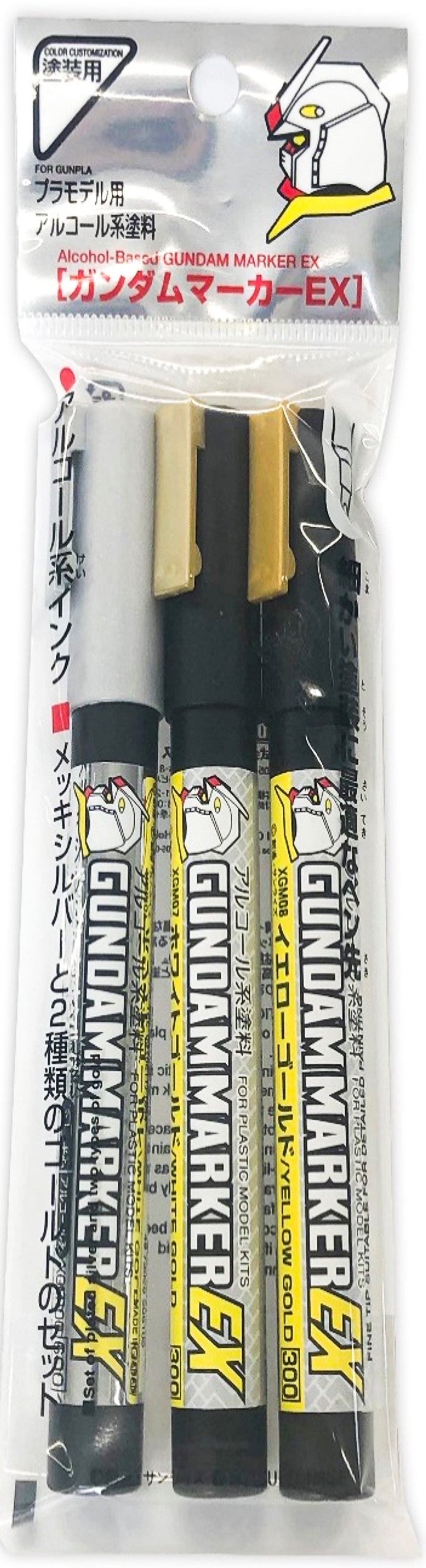 XGMS100 Gundam Marker EX Plated Silver & Gold Felt-Tip Pen Silver Gold color Chisel Tip Set of 3 by Mr. Hobby